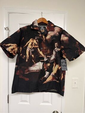 Rebel Vengeance Tapestry Camp Shirt Mens L Renaissance Art Short Sleeve Y2K NWT